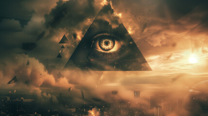 Conspiracy theory - Abstract, ominous, and mysterious wallpaper with the Illuminati symbol featuring the eye of God in a triangle, and a landscape with a city and clouds in the background at sunset - obrazy, fototapety, plakaty