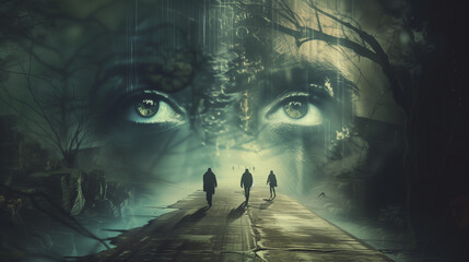 Mystery, horror, and conspiracy poster for a wallpaper, with silhouettes of three people on a road and two large eyes in the background - striking wallpaper for a cover or banner.