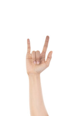 Woman hand sign I love you symbol isolated on a white background with clipping path.