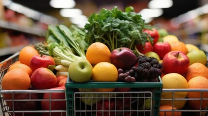 Shopping cart filled with seasonal produce, fresh fruits and garden vegetables