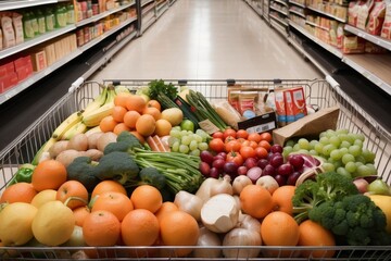 Shopping cart filled with seasonal produce, fresh fruits and garden vegetables