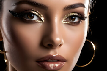 A closeup portrait of a woman exuding fashion highlights her contour and sharp feat.
