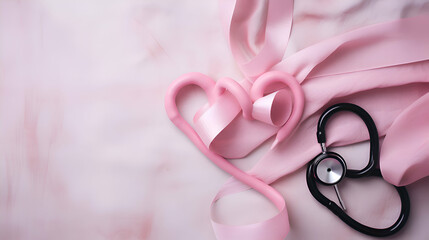 Pink ribbon and stethoscope on pink background. Copy space.