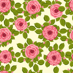 Seamless pattern with blooming roses. Vector floral illustration for postcard, poster, fabric, wrapping paper, decor etc. Flowers for spring and summer holidays.