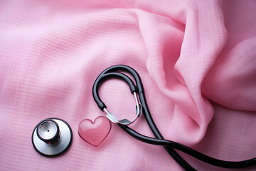 Stethoscope and heart on pink fabric background. medical concept.