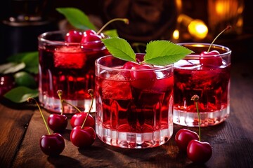 glasses of cherry brandy liqueur with ripe berries - obrazy, fototapety, plakaty