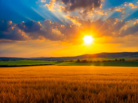 Sunset over the wheat field, colorful rural landscape