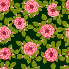 Seamless pattern with blooming roses. Vector floral illustration for postcard, poster, fabric, wrapping paper, decor etc. Flowers for spring and summer holidays.