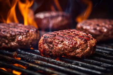 Smoky hamburger meat grilling for burgers - obrazy, fototapety, plakaty