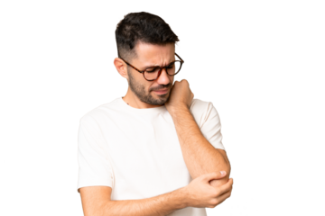 Young handsome caucasian man over isolated chroma key background with pain in elbow