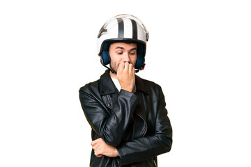 Young caucasian man with a motorcycle helmet over isolated chroma key background having doubts