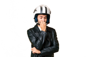 Young caucasian man with a motorcycle helmet over isolated chroma key background having doubts