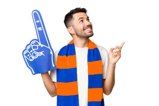 Young caucasian sports fan man over isolated chroma key background pointing up a great idea