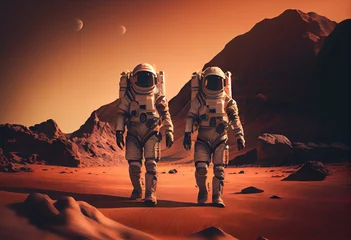 Schilderijen op glas 3D rendering. Colony on Mars. Two Astronauts Wearing Space Suit Walking On The Surface Of Mars. Generative AI © Indigo