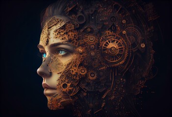 Design of an artificial intelligence face and gears. Generative AI