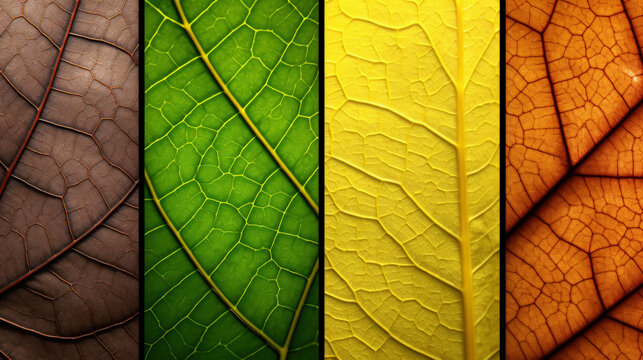 Close-up macro images showing the intricate details of different types of leaves. A set of leaf textures. Generative AI