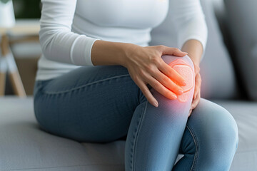 Close-up of a Woman Holding Her Knee in Pain, Highlighting Joint or Muscle Discomfort - obrazy, fototapety, plakaty