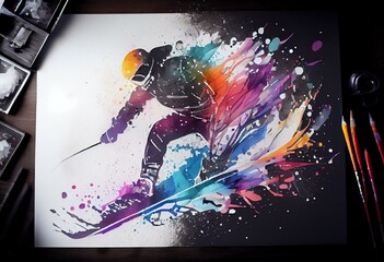 Ski vs snowboard watercolor art with black background, abstract sport painting. sport art print, watercolor illustration rainbow, colorful, decoration wall art. Generative AI