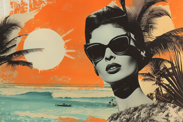 Woman and fashion at tropical beach abstract background. Retro style. Generative ai.