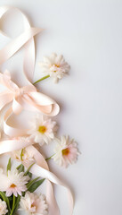 White and pink ribbon and flowers on white background with copy space.