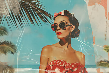 Woman and fashion at tropical beach abstract background. Retro style. Generative ai.