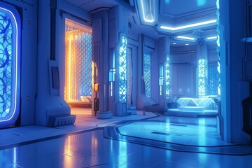 A futuristic room with some technology and futuristic features.