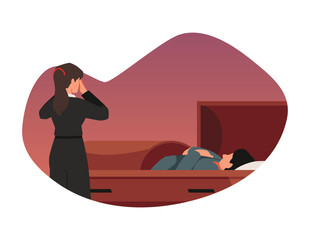 Dead person in coffin and crying woman vector flat illustration, funeral, mourning tradition, burial ceremony