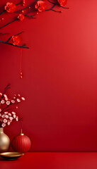 Chinese new year background with red lanterns and cherry blossom branches