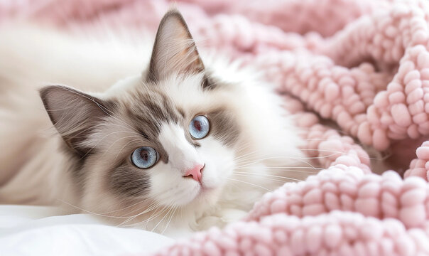 Close-up shot of cute Ragdoll cat, pink and white background.
