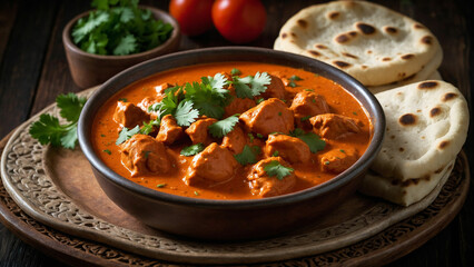 A steaming plate of butter chicken, adorned with fresh cilantro leaves, served alongside warm, fluffy naan bread with the vibrant colors and enticing aroma of this classic Indian dish