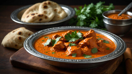 A steaming plate of butter chicken, adorned with fresh cilantro leaves, served alongside warm, fluffy naan bread with the vibrant colors and enticing aroma of this classic Indian dish