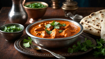 A steaming plate of butter chicken, adorned with fresh cilantro leaves, served alongside warm, fluffy naan bread with the vibrant colors and enticing aroma of this classic Indian dish