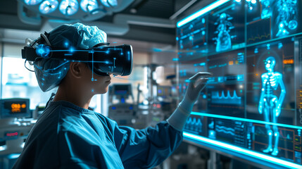 Futuristic operating room with holographic display and surgeon wearing high-tech VR headset for diagnosis and analysis patient data