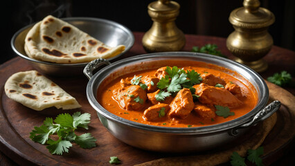 A steaming plate of butter chicken, adorned with fresh cilantro leaves, served alongside warm, fluffy naan bread with the vibrant colors and enticing aroma of this classic Indian dish