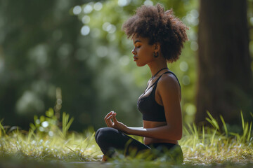 Yoga in the park. Young African American woman meditating in nature