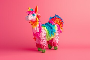 Traditional Mexican llama pinata on a vibrant pink background