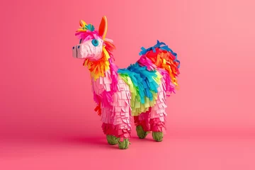 Tuinposter Traditional Mexican llama pinata on a vibrant pink background © World of AI