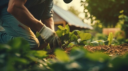 Close up of strong man in gloves cutting leaves in his garden. Farmer spending summer morning working in garden near countryside house.