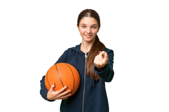 Teenager caucasian girl playing basketball over isolated background doing coming gesture