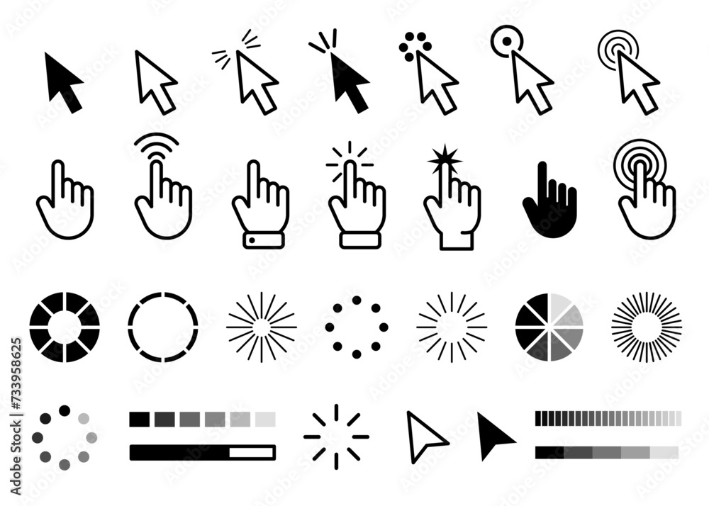 Aufkleber Mouse click cursors and hands for user interface of website or application. Vector flat cartoon isolated icons for UX and UI, pointer and progress bar, loading status and interactive response