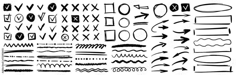 Fototapete boxes and checklists ticks, arrows and empty frame for text. vector hand drawn element icon, isolate