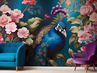 Peacock Interior Mural Wall Wallpaper blooming flowers and a majestic blue peacock. generative ai