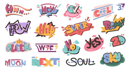 Street art or graffiti, comic speech sound effects in creative style. Vector isolated icons for characters or murals. Hmm and hi, sky and bam, queen and wtf, poow and no, cool and hey decor