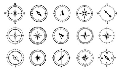 Simple vintage or retro compasses showing directions. Vector isolated electronic device to determine cardinal direction. Navigation and location gadget, location and map decor, wind rose - obrazy, fototapety, plakaty