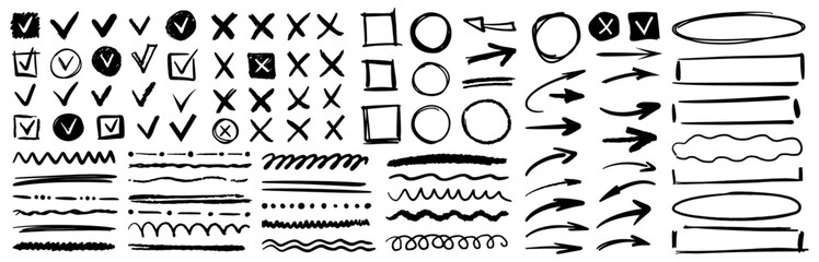 Boxes and checklists ticks, arrows and empty frame for text. Vector hand drawn element icon, isolated checkmark and scribble. Pencil, charcoal or pen pointers and markers for voting or test - obrazy, fototapety, plakaty