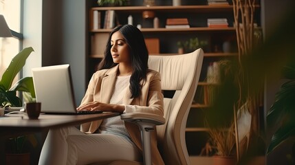 Concentrated young indian ethnicity woman sitting in comfortable adjustable ergonomic armchair with lumbar support, studying or working on computer in modern home office. distant workday concept