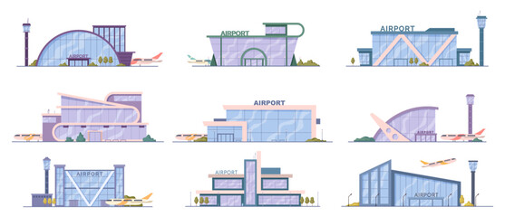Modern airports with planes for traveling and flights. Vector flat cartoon, isolated exterior buildings with panoramic windows, takeoff path or airfield with aircrafts and place for passengers