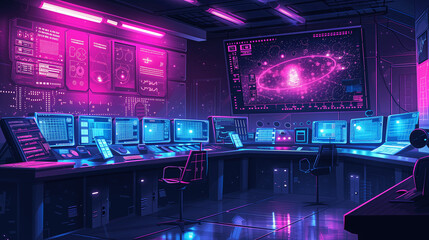 Futuristic Control Room with Holographic Galaxy Display
