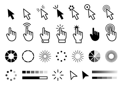 Mouse click cursors and hands for user interface of website or application. Vector flat cartoon isolated icons for UX and UI, pointer and progress bar, loading status and interactive response