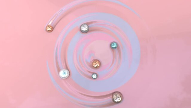 A 3d seamless motion graphic animation of the 7th pastel colored metallic spheres are rotating with drawing ripples on the pink liquid.